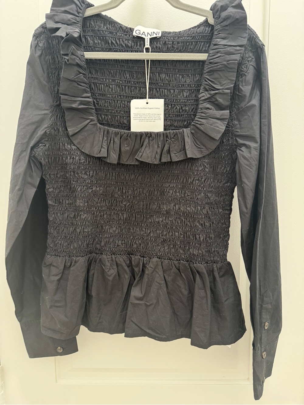 Ganni Black Smocked Ruffle-Neck Long Sleeve Top